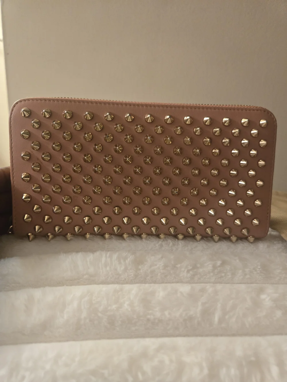 Christian Louboutin Blush Pink Studded Zip-Around Wallet with Gold Spikes